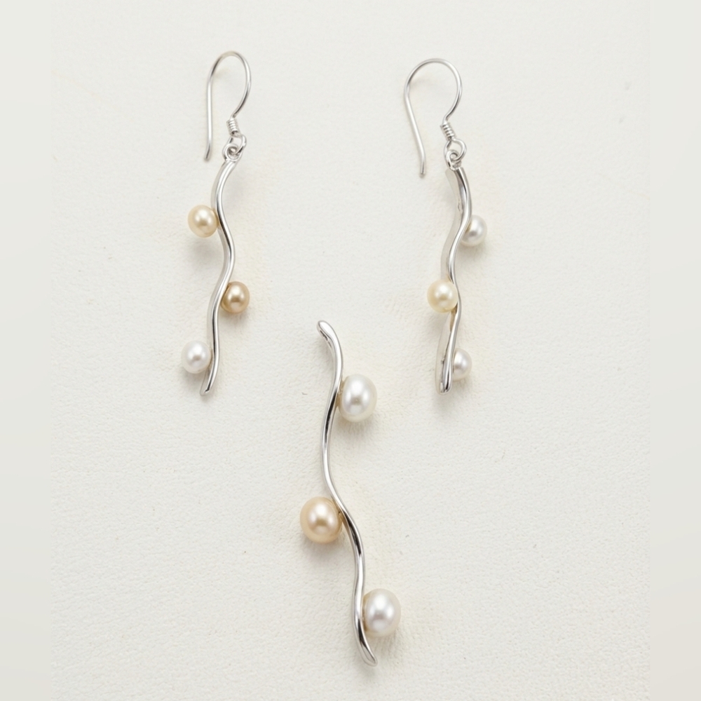 Sterling Silver Wavy Drop Earrings and Pendant Set
